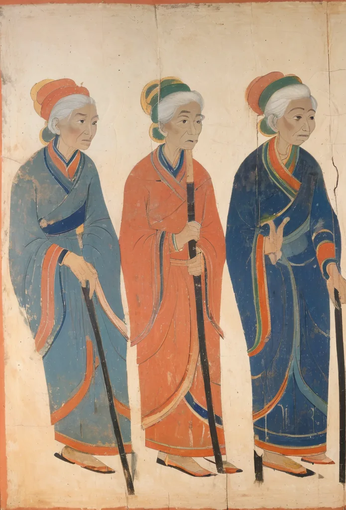 Illustration (AI-generated) of the motif described below: Māra's daughters shown as three old women with walking sticks. Not the Phayao mural itself.
