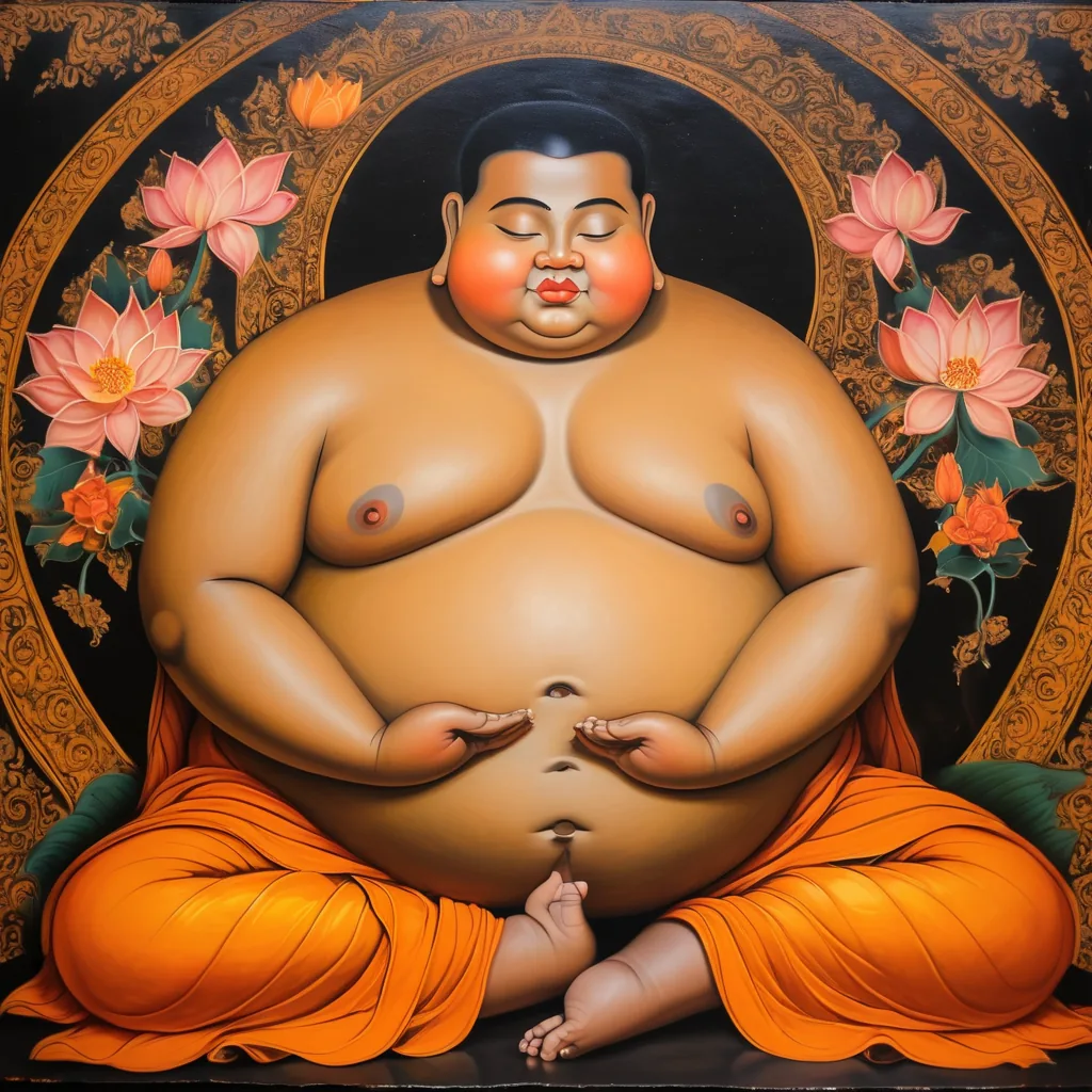 Illustration (AI-generated) of Phra Sangkachai as a rotund seated monk, in the style of a temple painting. Not a depiction of any specific image or amulet.